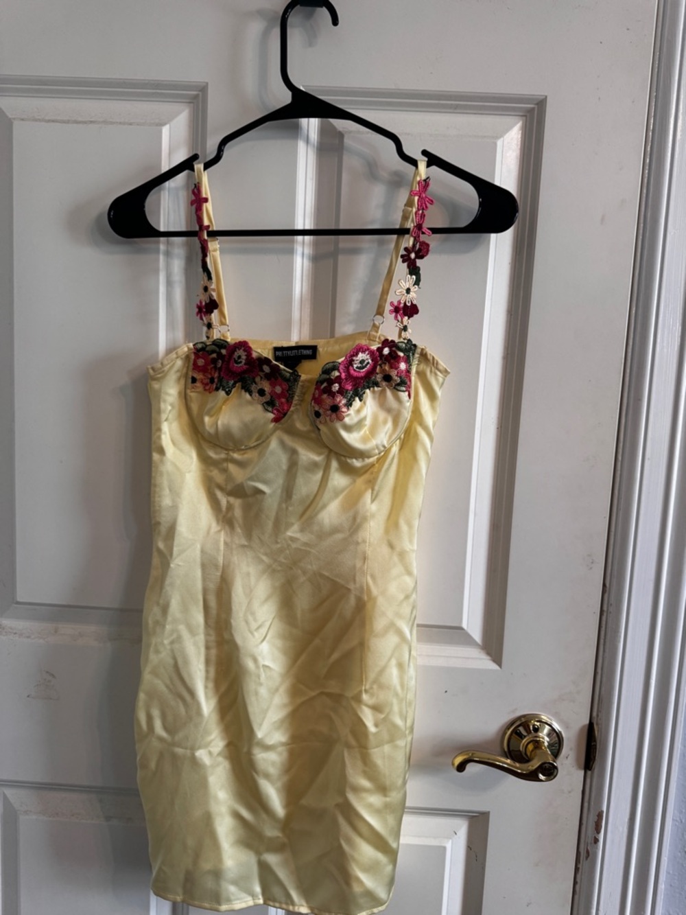 PrettyLittleThing Yellow Satin Slip Dress with Pink Floral Embroidery